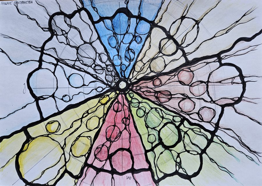 NeuroGraphik-Zeichnung: schwarze Linien und Kreise strahlen von einem Mittelpunkt aus, die Felder dazwischen in Blau, Gelb, Rot, Grün und Beige ausgemalt